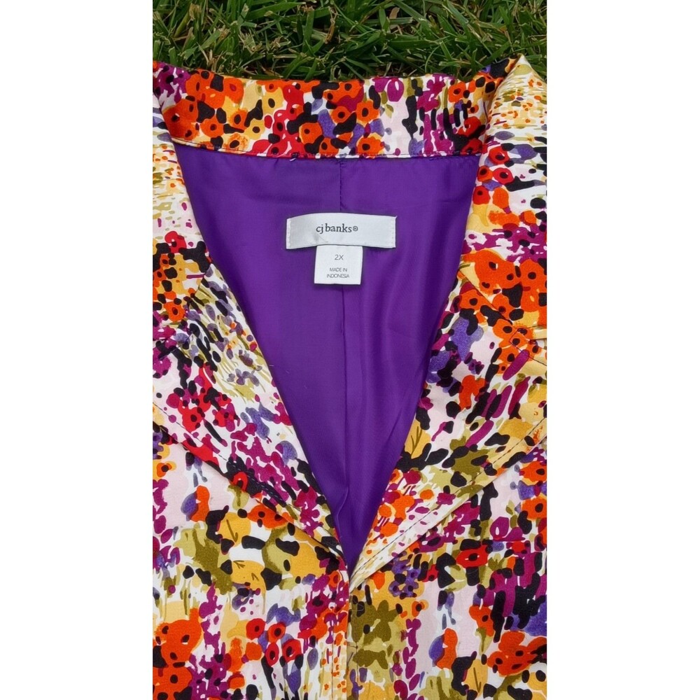 CJ Banks 2X Floral Print Blazer Jacket Purple Stretch Lined Cotton Artsy - Picture 2 of 8